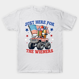 Hot Dog I'm Just Here For The Wieners 4th Of July Sunglasses Monster Truck American Flag T-Shirt